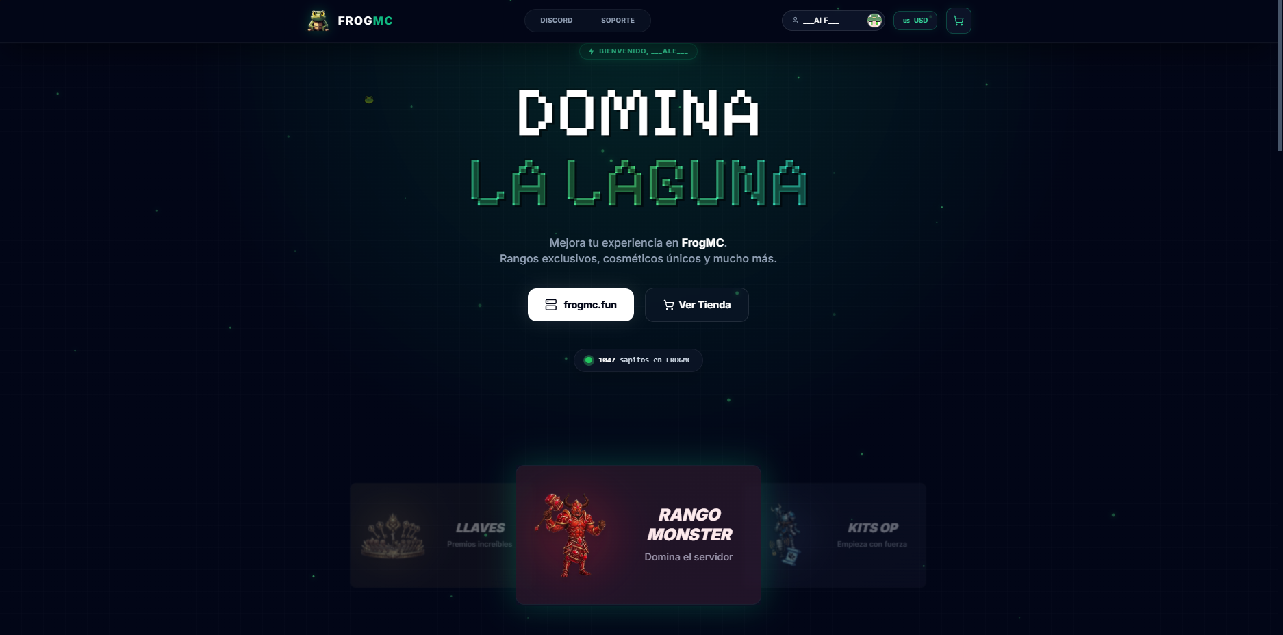 Página principal de la tienda FrogMC para servidor de Minecraft