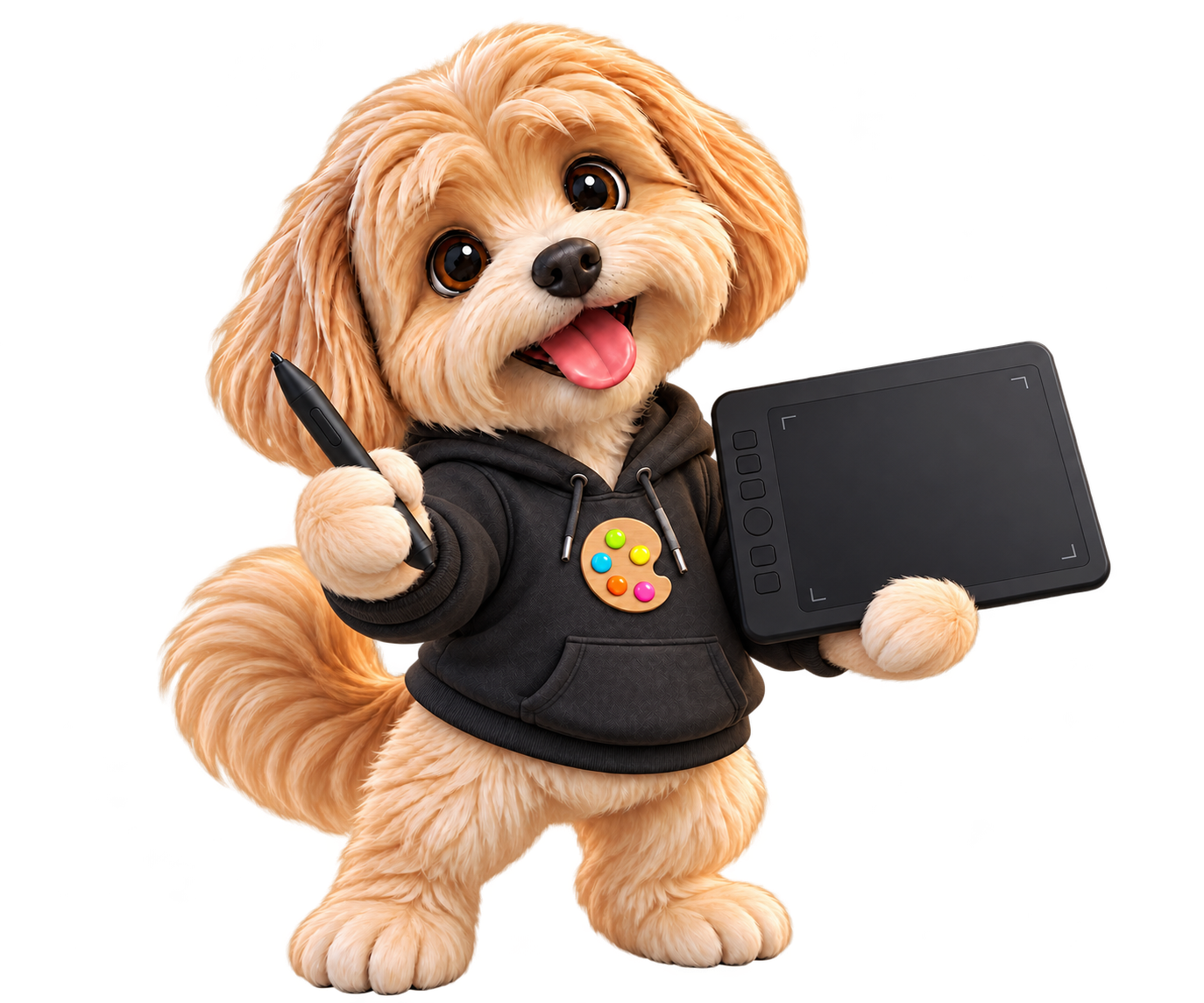 Mascota Pluton Creative con tableta de diseño