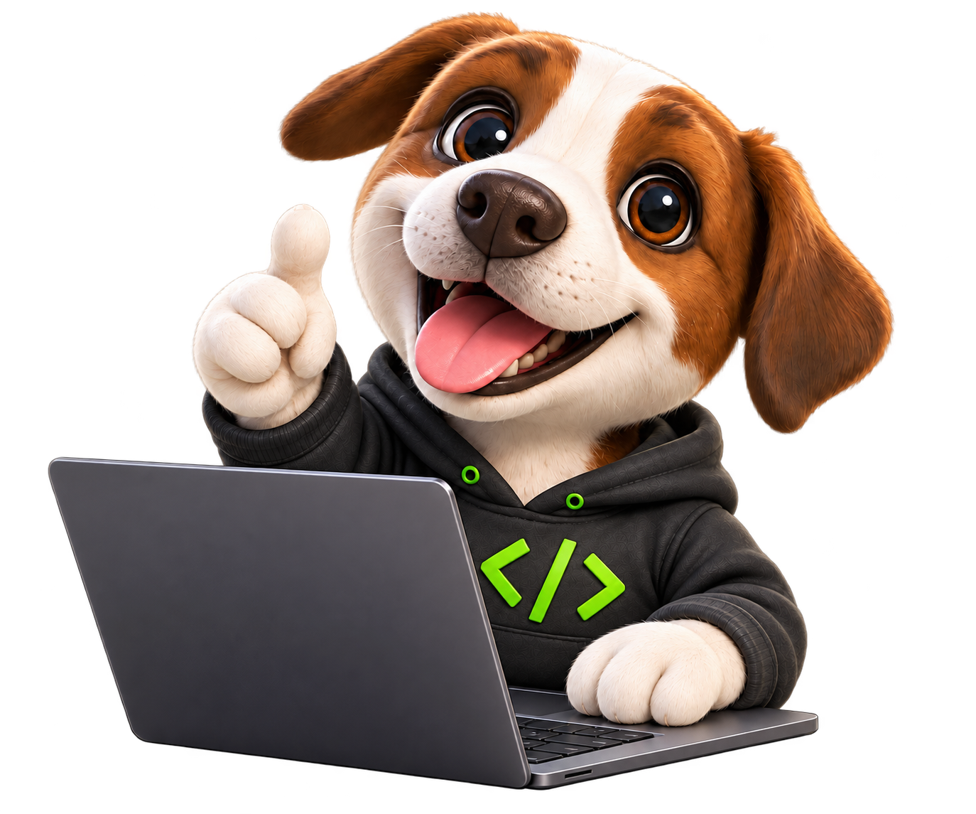 Mascota Pluton Tech trabajando con un portátil